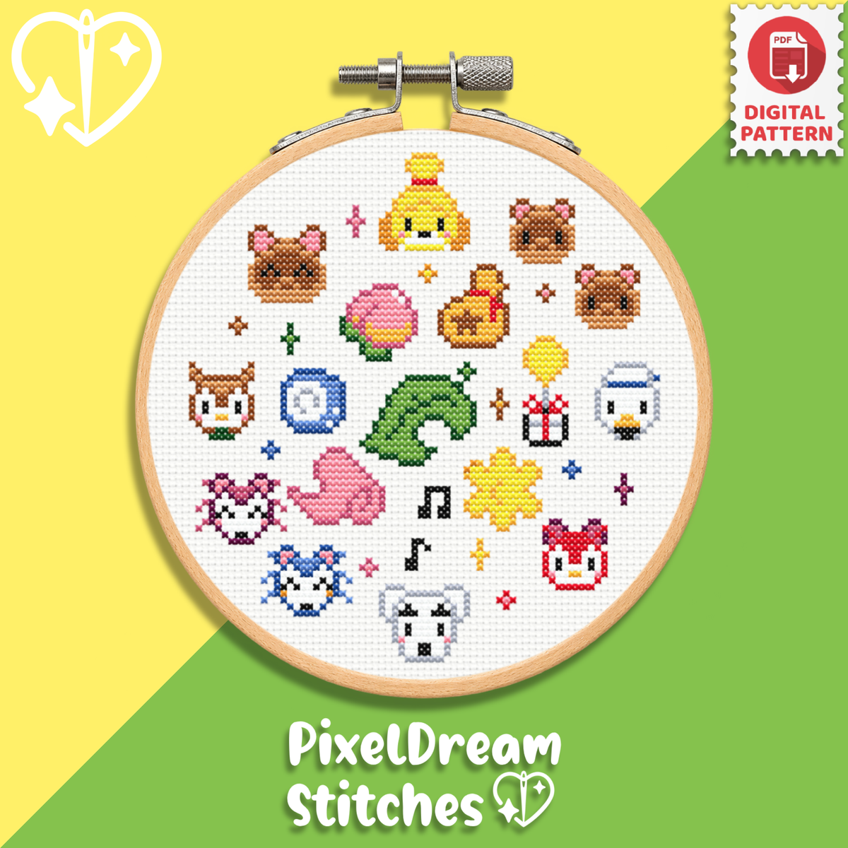 Animal Crossing cross stitch pattern PDF in embroidery hoop - cute kawaii villagers including Isabelle, featuring colorful pixel art characters on white fabric.

