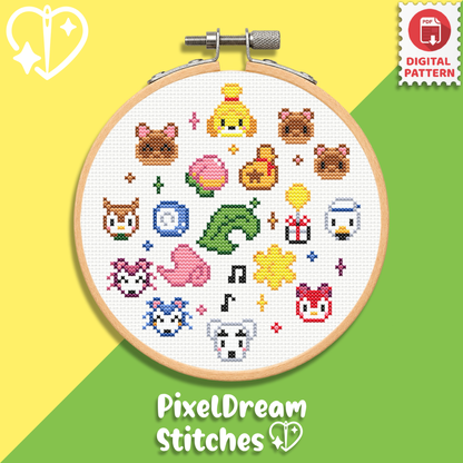 Animal Crossing cross stitch pattern PDF in embroidery hoop - cute kawaii villagers including Isabelle, featuring colorful pixel art characters on white fabric.
