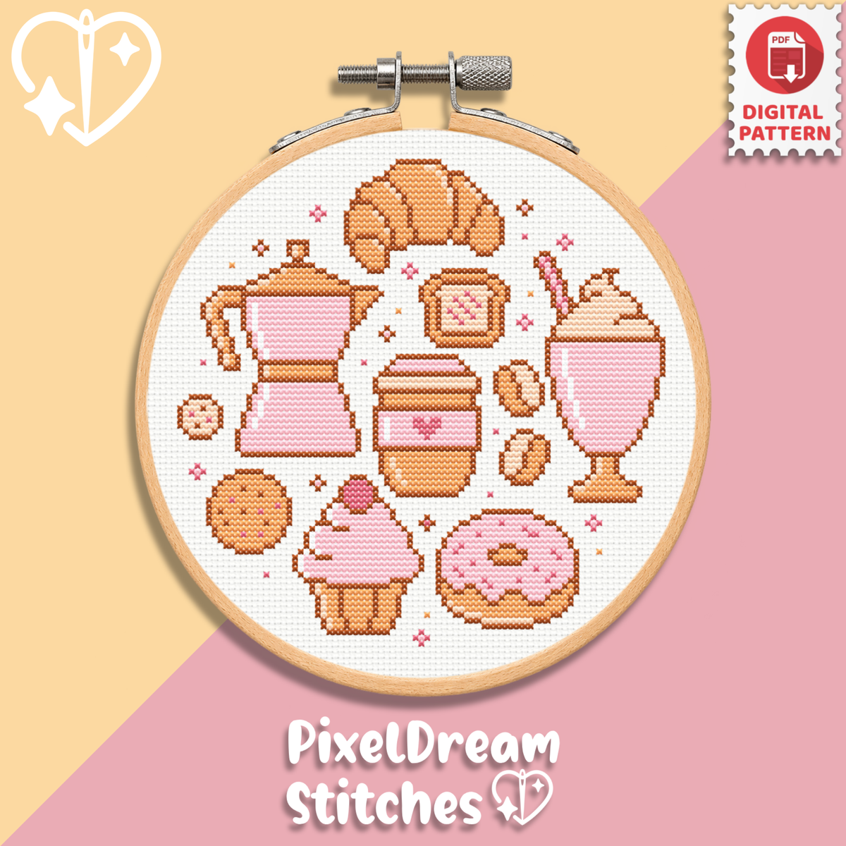 Coffee break cross stitch pattern PDF in embroidery hoop - kawaii cafe pattern with croissant, cupcake, donut, coffee cup and milkshake in pastel pink and brown tones, digital download