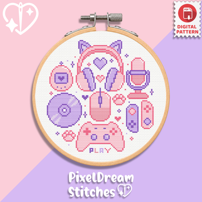 Kawaii gaming cross stitch pattern PDF in embroidery hoop - cute gamer cat headphones, controller, microphone and game console in pastel pink and purple tones, digital download
