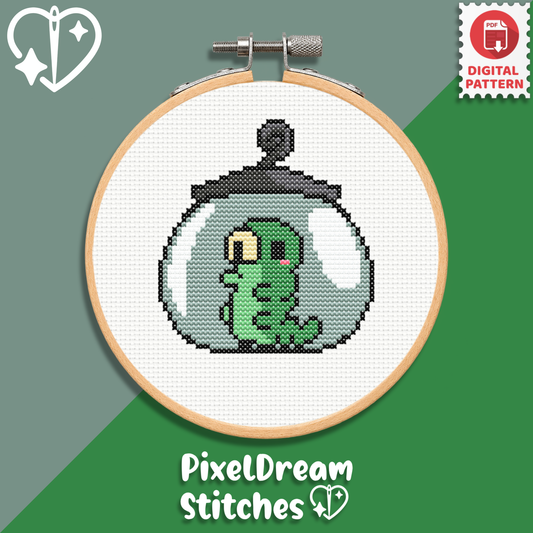 Grub Hollow Knight cross stitch pattern PDF in embroidery hoop - cute green grub inside a glass jar, kawaii pixel art digital pattern