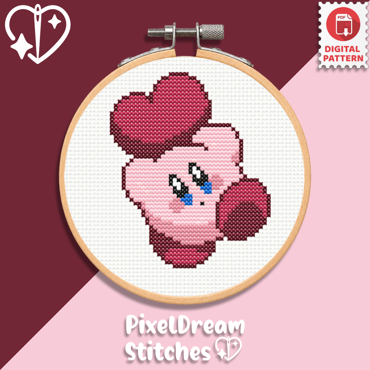 Kirby cross stitch pattern PDF in embroidery hoop - cute pink Kirby with red hearts, kawaii pixel art digital pattern on white fabric