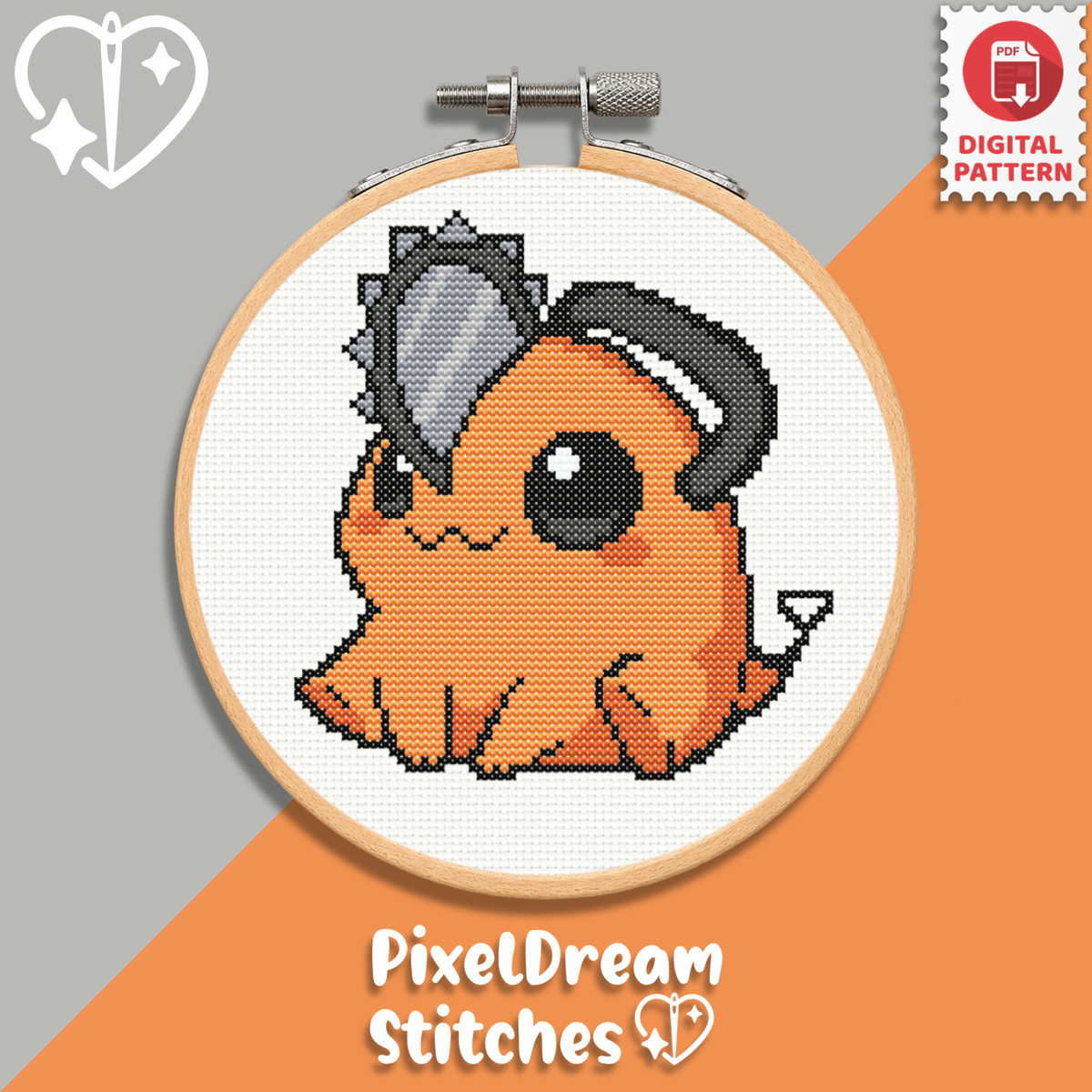 Pochita Chainsaw Man cross stitch pattern PDF in embroidery hoop - cute orange devil dog with chainsaw head, kawaii pixel art digital pattern