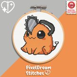 Pochita Chainsaw Man cross stitch pattern PDF in embroidery hoop - cute orange devil dog with chainsaw head, kawaii pixel art digital pattern