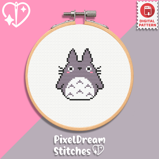 My Neighbor Totoro cross stitch pattern PDF in embroidery hoop - cute kawaii Totoro pixel art in grey tones on white fabric, digital pattern
