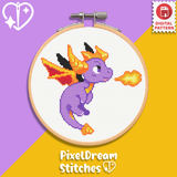 Spyro the Dragon cross stitch pattern PDF in embroidery hoop - cute purple dragon breathing fire with orange wings, pixel art digital pattern